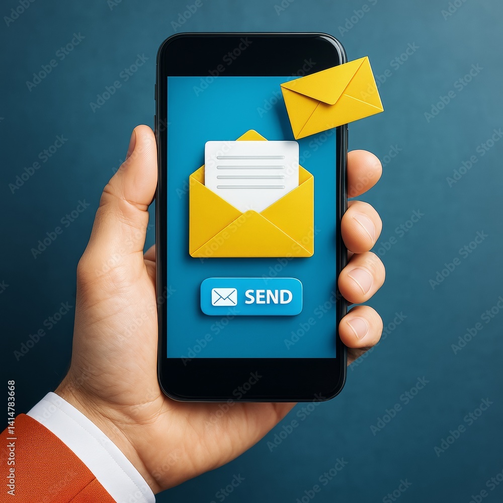 Poster Digital email communication concept with envelope and send icon displayed on smartphone held by hand on blue background. Ai generative.
