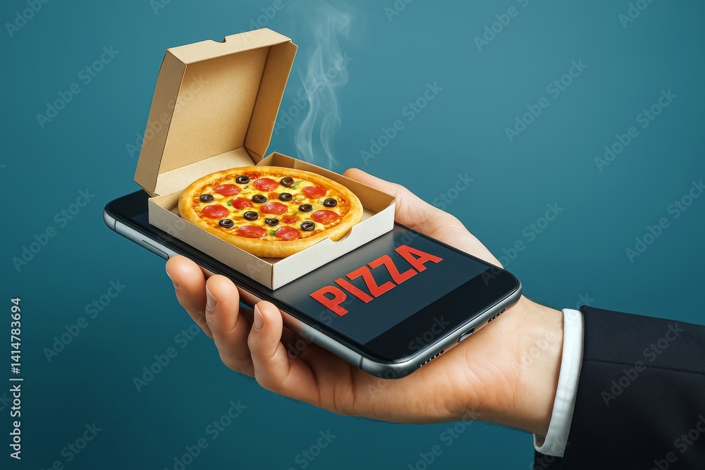 Poster hot pizza box emerging from smartphone screen held in hand, symbolizing fast food delivery service t