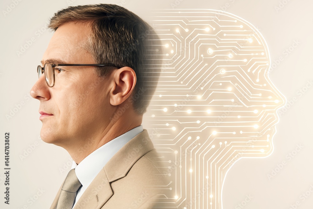 Poster Businessman in profile with digital human circuit head on light background, symbolizing artificial intelligence and technology concept..