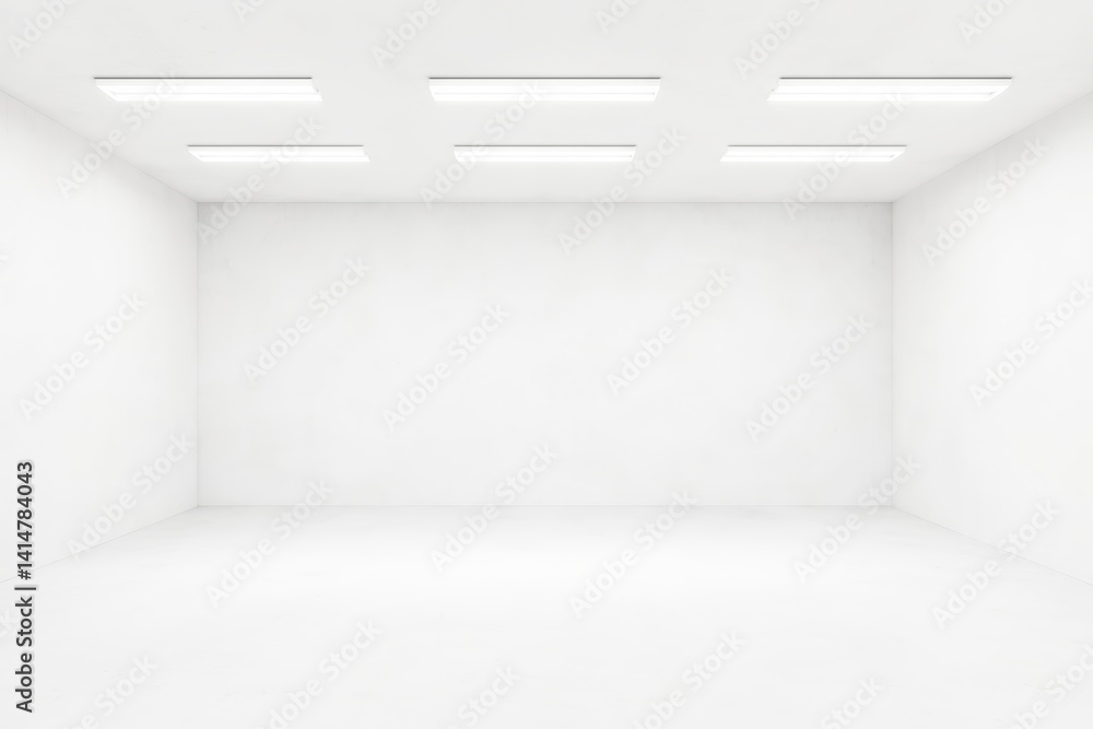Poster minimalist white room with ceiling lights, empty space for product display, branding or design prese