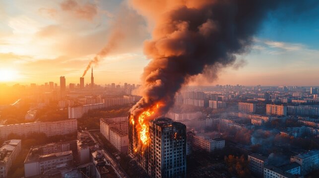 Urban inferno at dusk with a burning skyline and dense black smoke choking the evening sky