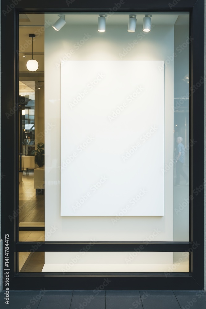 Poster vertical blank canvas mockup in store window under spotlight with clean modern interior background, 