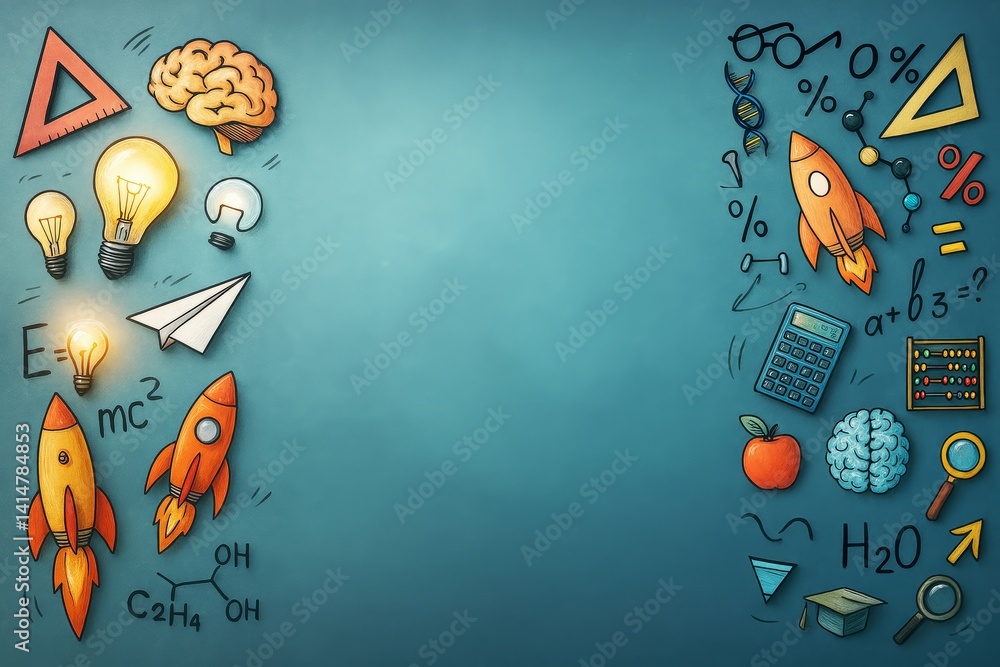 Poster Educational science and creativity doodles surrounding blank copyspace on teal background for school or learning presentation template design layout.