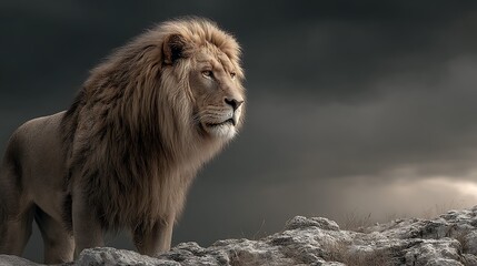 Fototapeta premium Majestic lion on rocky outcrop, dramatic sky (1)