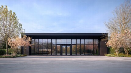 Fototapeta premium Modern Architectural Building with Large Windows Surrounded by Greenery and Trees