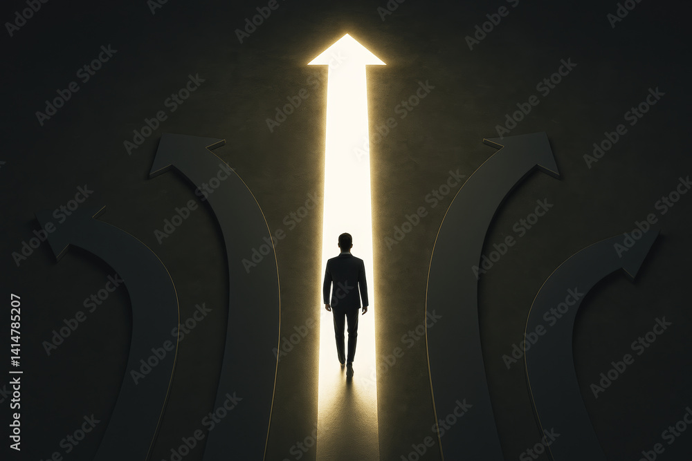 Poster businessman walking toward glowing arrow shaped light on dark background symbolizing clear direction