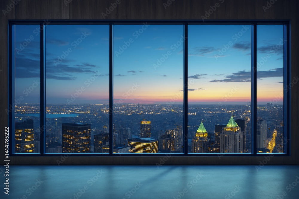 Poster modern empty room interior with large windows showing city skyline at sunset in evening light, high-