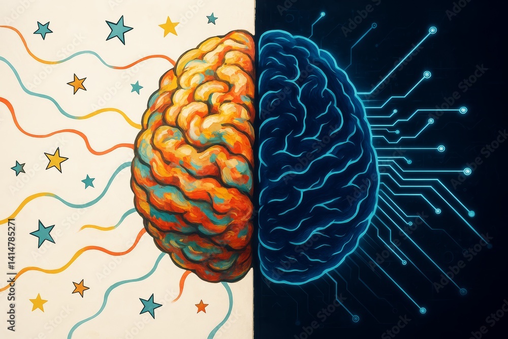 Aufkleber Abstract split brain concept showing colorful creative left side and digital tech-themed right side on light and dark background contrast.
