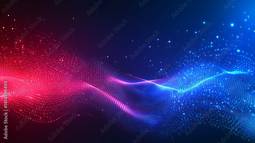 Poster abstract digital waveform with glowing particles, red to blue gradient effect