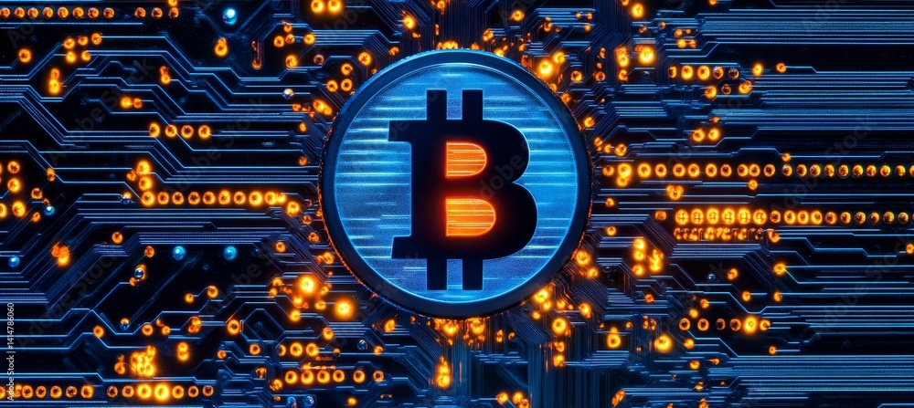 Poster glowing bitcoin symbol on digital circuit board, representing bitcoin mining and cryptocurrency.