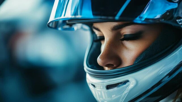 Determination and focus. Close-up of female racer in element, showing concentration. Ready to conquer the track