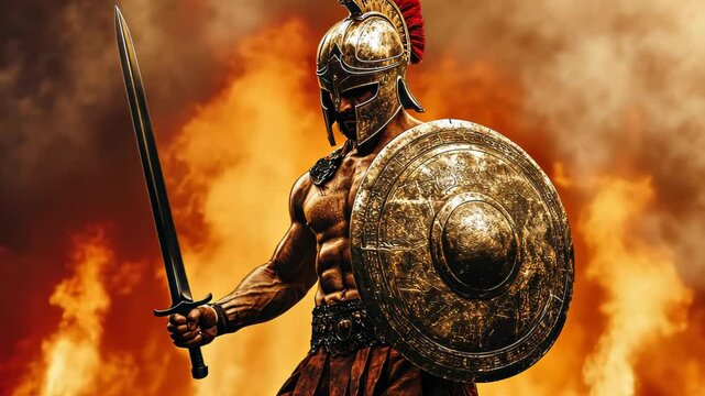 Fighting gladiator with sword and shield on a fiery background