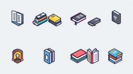 A collection of colorful book icons arranged in a grid, showcasing various book types and styles for educational use