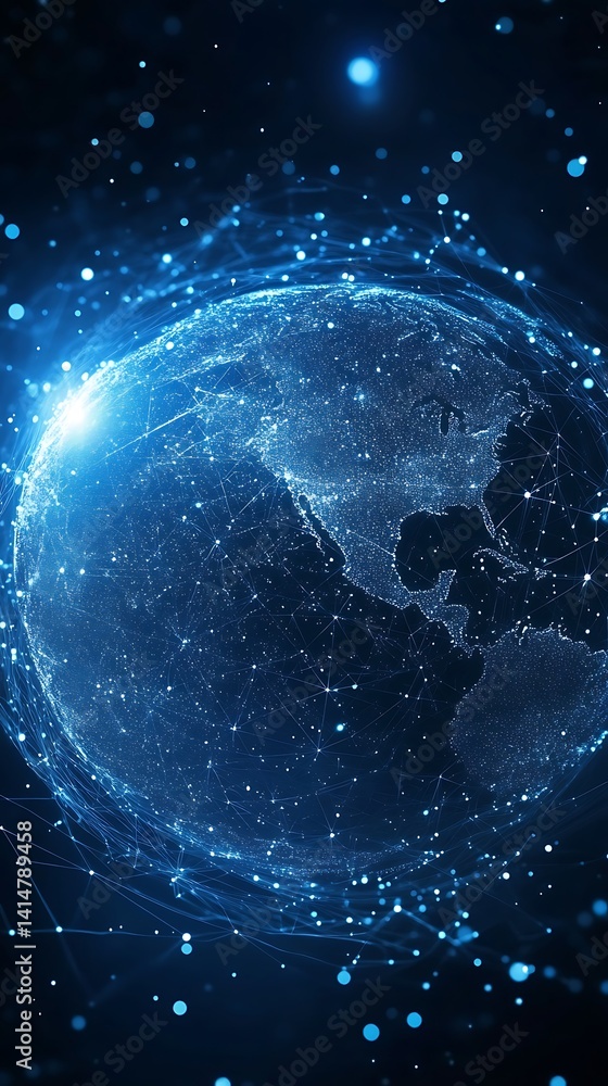 Poster Glowing Blue Earth Globe Network with Data Connection Points on Transparent Background