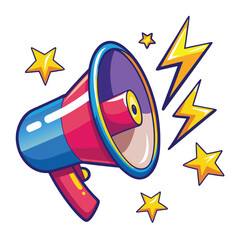Colorful cartoon megaphone with stars and lightning