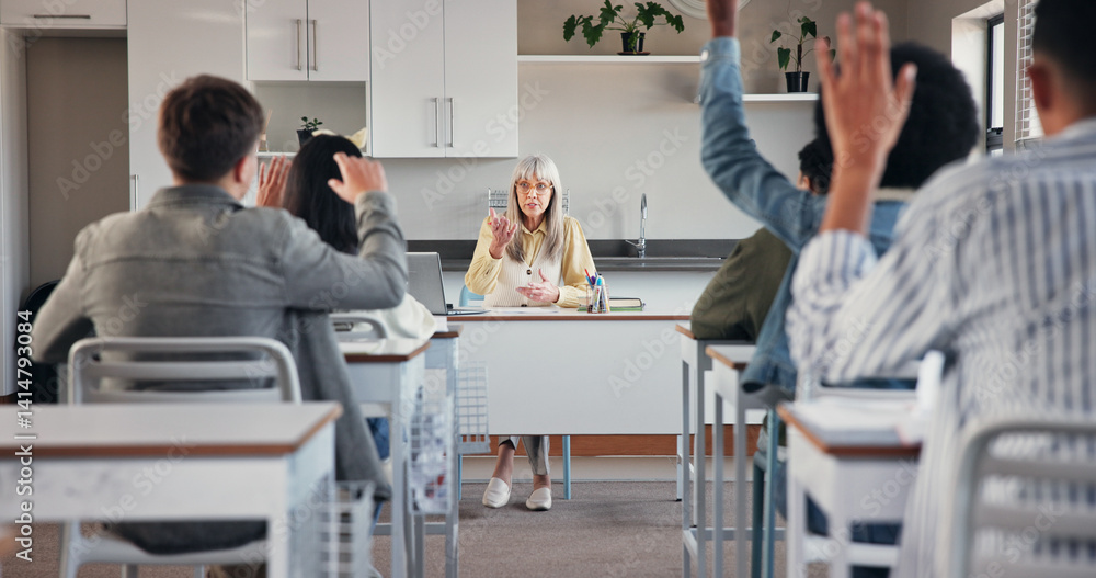Poster education, teacher and students with answer in classroom for academic question, problem solving or k