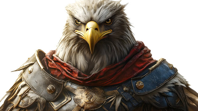 Majestic eagle warrior king with golden beak and armor on transparent background