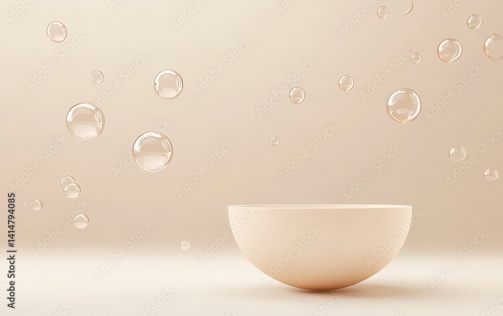 Aufkleber a minimalist bowl surrounded by floating bubbles against a soft background.