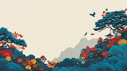 Obraz premium 鯉と波の流れに咲き誇る花々が彩りを添える雅な和柄装飾イラスト古典と自然が調和した美しいデザイン背景用ビジュアルアート