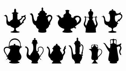 set of teapots silhouette vector on white background