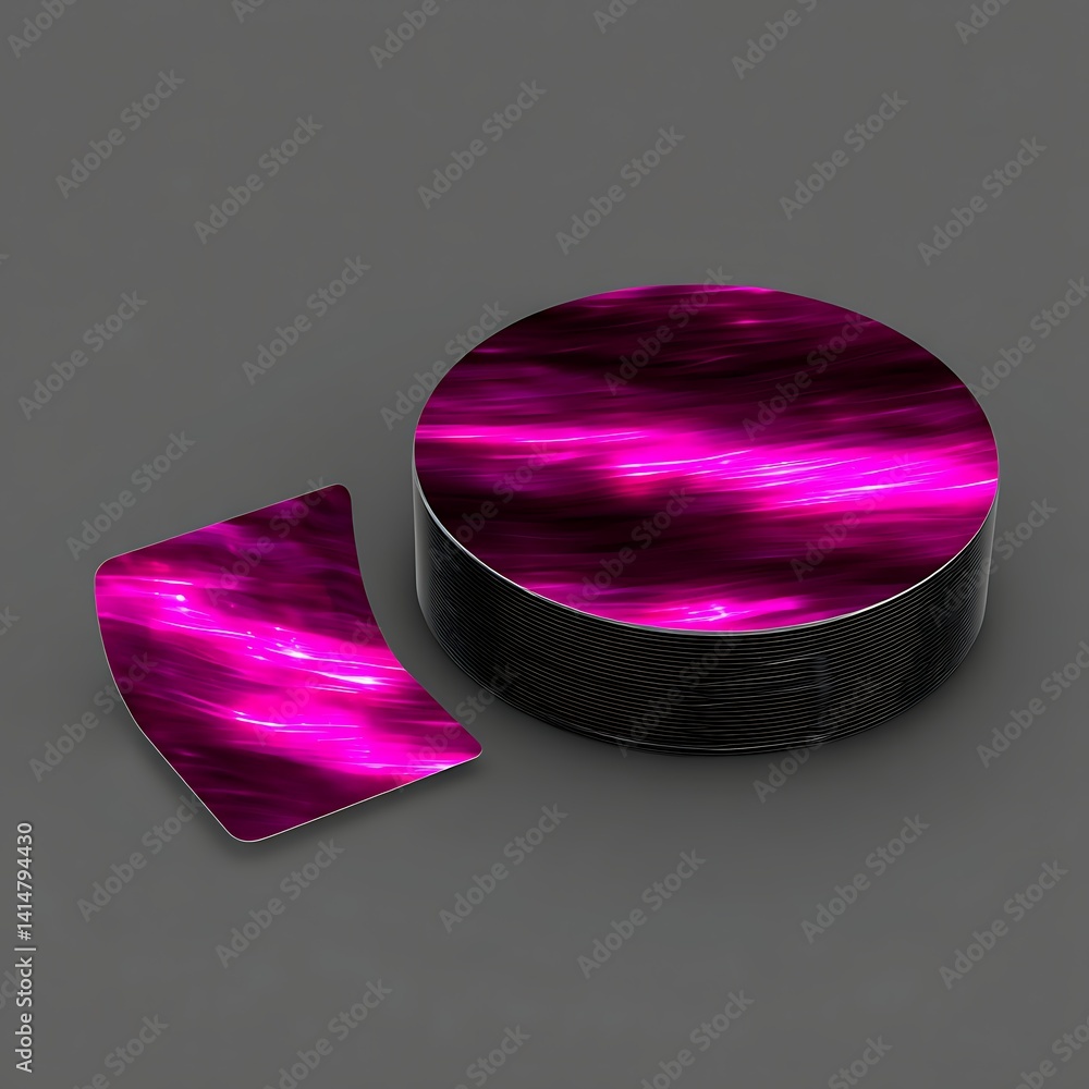 Poster abstract disk and tile with vibrant pink and purple hues against a gray backdrop design element