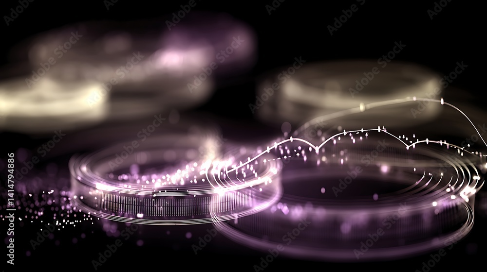 Poster abstract rings of light with glowing particles and data visualization elements on dark background.