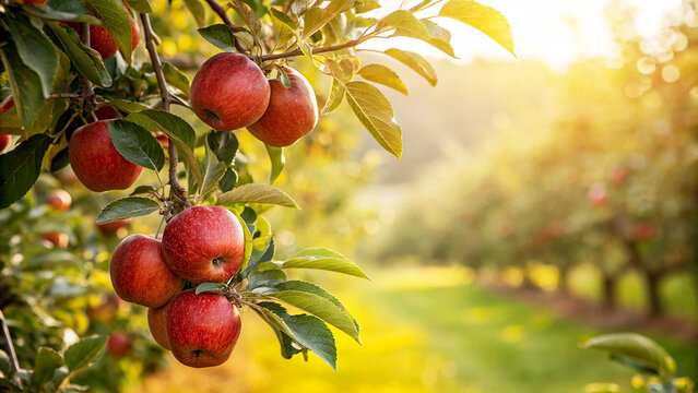 Red apples hanging from a trees branch in Natural view, Fresh Red Apples on tree in garden in Natural Sunnyday background