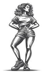Obraz premium Stylish Woman in Shorts and Sneakers Woodcut Illustration