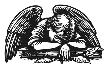 Obraz premium Woodcut Style Art of Sad Angel with Wings and Leafy Branch Design