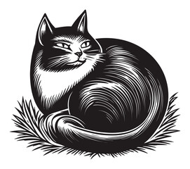 Elegant Black and White Engraving of a Content Cat in Grass