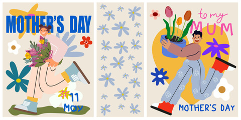 Mothers Day cartoon poster design. Spring holiday cards with daughter with flowers, son with tulips pot, wildflowers, daisies. Mothers Day modern greeting card, flyer, banner