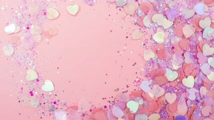 Top view of colorful pink pastel background with confetti and heart/circle sequins. Romantic and joyful atmosphere, perfect for celebrations and decorative designs.