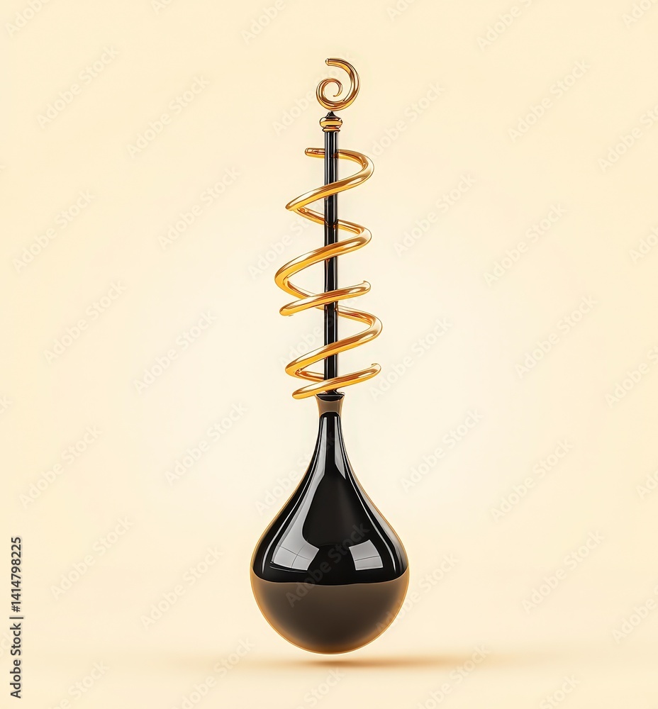 Poster stylish black and silver laboratory flask with a spiral design on a light background.
