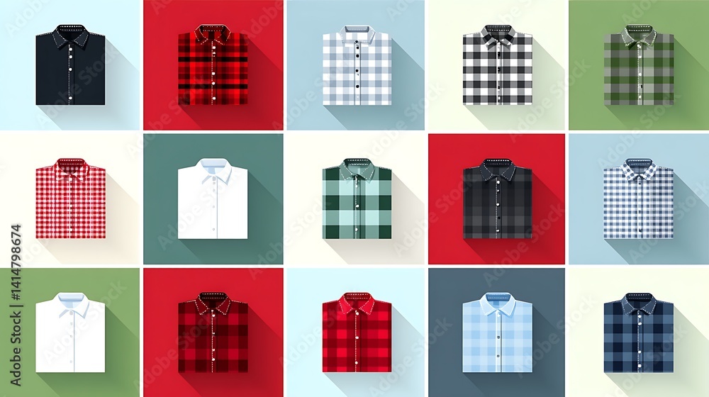 Poster assorted folded shirts array flat lay presentation various patterns and colors apparel display colla