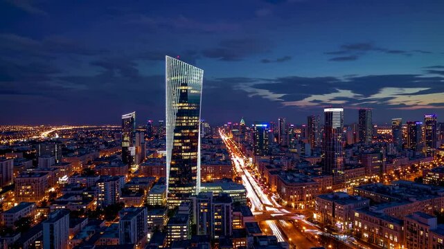 Aerial view of a city skyline at sunset, showcasing modern skyscrapers and illuminated streets, ideal for a time-lapse video of urban life.
