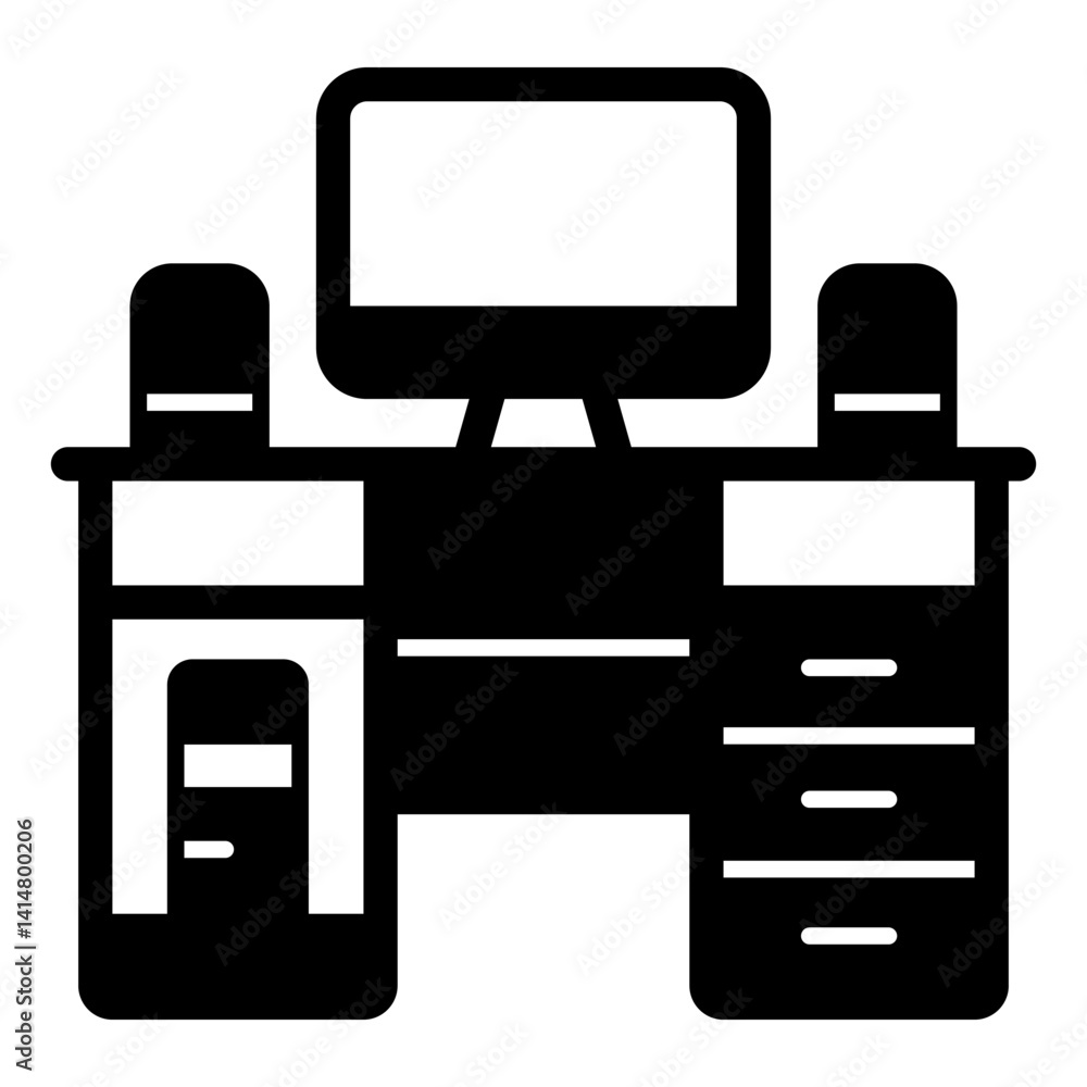 Poster computer desk with system unit and monitor solid icon, house and interior concept. vector graphics. 
