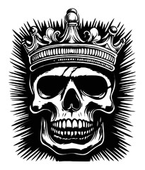 Intricate Skull Engraving with Crown and Radiant Sunburst Design