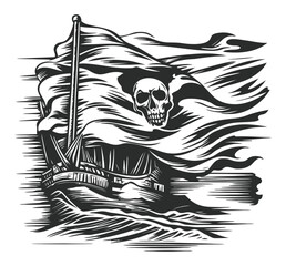 Dramatic Woodcut Engraving of a Pirate Ship with Skull Flag Design