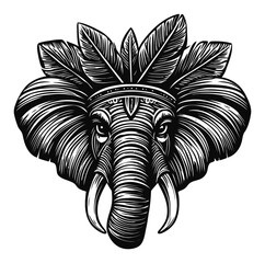 Detailed Woodcut Engraving of an Elephant Head with Feathers