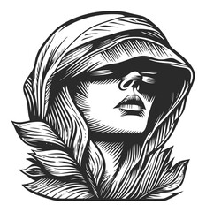 Elegant Woodcut Style Female Portrait with Hooded Cloak Details