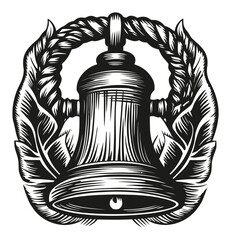 Vintage Engraving of a Bell Surrounded by Decorative Leaves