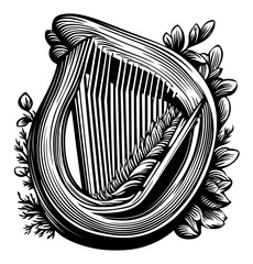 Elegant Woodcut Design of a Harp Surrounded by Floral Elements