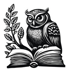 Engraving of an Owl Sitting on an Open Book with Leaves Design