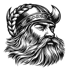 Detailed Viking Warrior Engraving with Braided Beard and Helmet