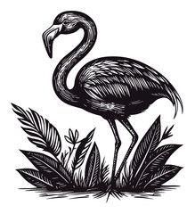 Elegant Flamingo Engraving in Black and White for Art Lovers