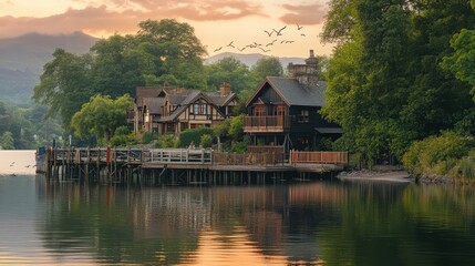 Obraz premium Scenic Lakefront Homes at Sunset with Calm Waters and Green Trees