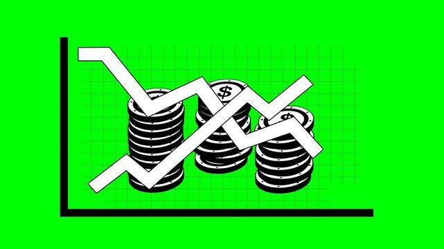 video animation drawing black and white icon graphic trend stock market and financial shares concept, on a green chroma key background