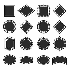 A collection of 24 black silhouette badge and label icons in various shapes