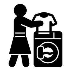 Woman put shirt to washing machine solid icon, laundry service concept. Vector graphics. Laundry worker washing clothes sign on white background, glyph style mobile or design.
