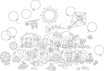 Happy holidays card with funny toys on a sunny lawn for the end of a school year and start of merry summer vacations, black and white vector cartoon illustration for a coloring book